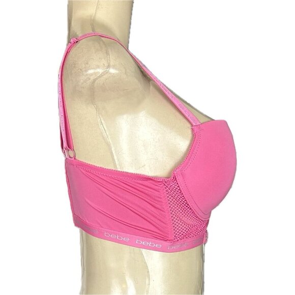Bebe 36B Pink Pin Mesh Accent Logo Adjustable Straps Padded Longline Push-Up Bra - Picture 3 of 6